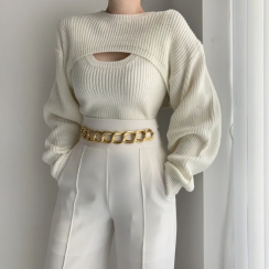 2 Pieces Set Knit Vest Smock Long Sleeve Short Tops