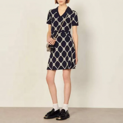 Polo Collar Short Sleeves Diamond Checkered Knit Dress