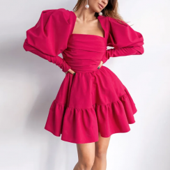 Square Neck Puff Sleeve Pink Ruffle Princess Dress