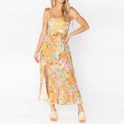 Elegant Strapless Long Slit Floral Casual Dresses With Belt